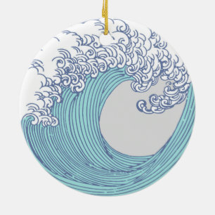 Vintage-Japanische Ukiyo-e-Surfwellen-Kunst Blaue  Keramik Ornament