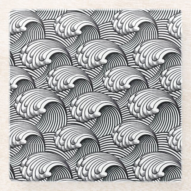 Vintage japanische Waves, schwarz und weiß Glasuntersetzer (Vorderseite)