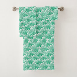 Vintage japanische Wellen, Jade-Grün und Weiß Badhandtuch Set