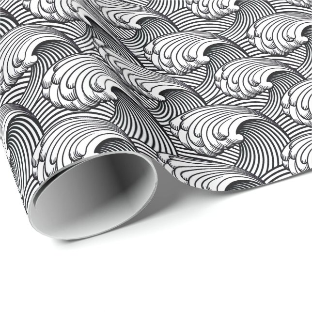 Vintage japanische Wellen, Schwarzweiss Geschenkpapier (Rolleneckpunkt)