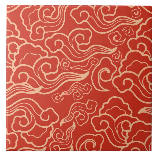 Vintage japanische Wolken, korallenrote Orange Fliese (Vorderseite)
