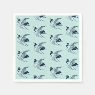 Vintage japanische Zeichnung eines Kranichs, Blau Serviette