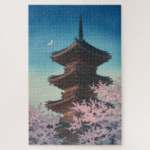 Vintage japanischer Holzschnitt Pagode am Frühling