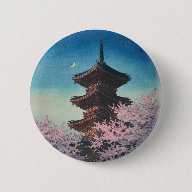 Vintage japanischer Holzschnitt Pagode am Frühling Button (Vorderseite)