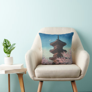 Vintage japanischer Holzschnitt Pagode am Frühling Kissen