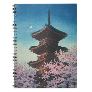Vintage japanischer Holzschnitt Pagode am Frühling Notizblock