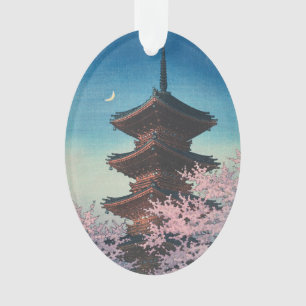 Vintage japanischer Holzschnitt Pagode am Frühling Ornament