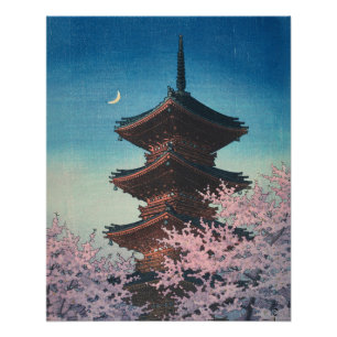 Vintage japanischer Holzschnitt Pagode am Frühling Poster