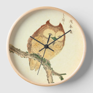 Vintage japanischer Kunstdruck   Eule auf einem As Wanduhr