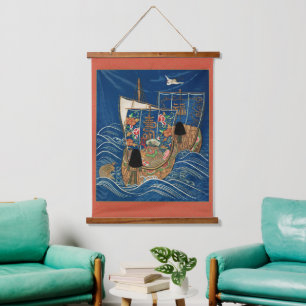 Vintage Japanisches Glücksschatzschiff G.A. Audsle Wandteppich Mit Holzrahmen