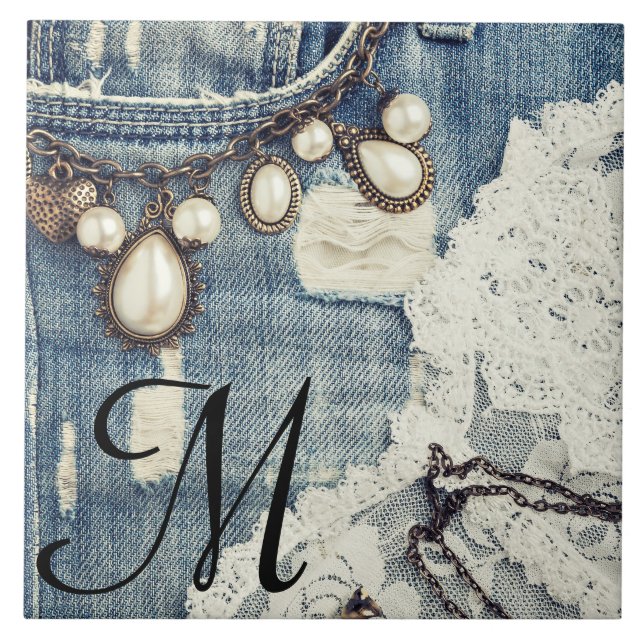 Vintage Jeans Viktorianische Lace Monogram Display Fliese (Vorderseite)