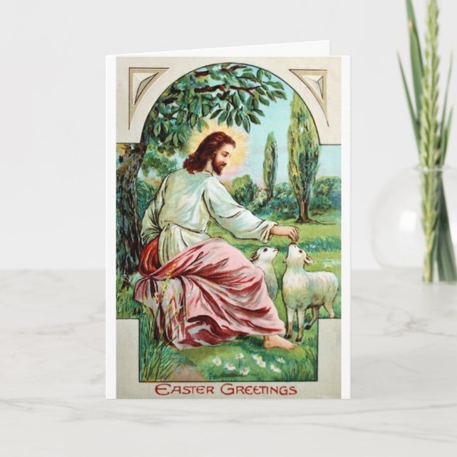 Vintage Jésus Avec Agneaux Carte Pâques (Devant)