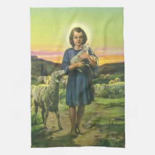 Vintage Jesus Christus der Hirte mit Baby-Lamm Geschirrtuch