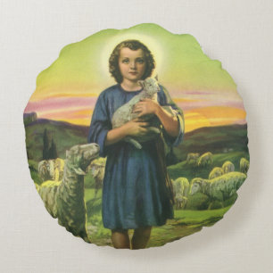 Vintage Jesus Christus der Hirte mit Baby-Lamm Rundes Kissen