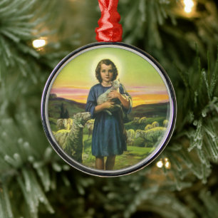 Vintage Jesus Christus der Hirte mit Baby-Lamm Silbernes Ornament