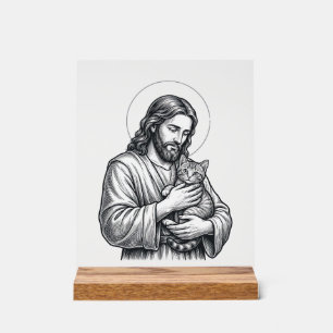 Vintage Jesus hält Katzen Gravur Grafik_1 Acrylschild