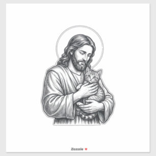 Vintage Jesus hält Katzen Gravur Grafik_1 Aufkleber