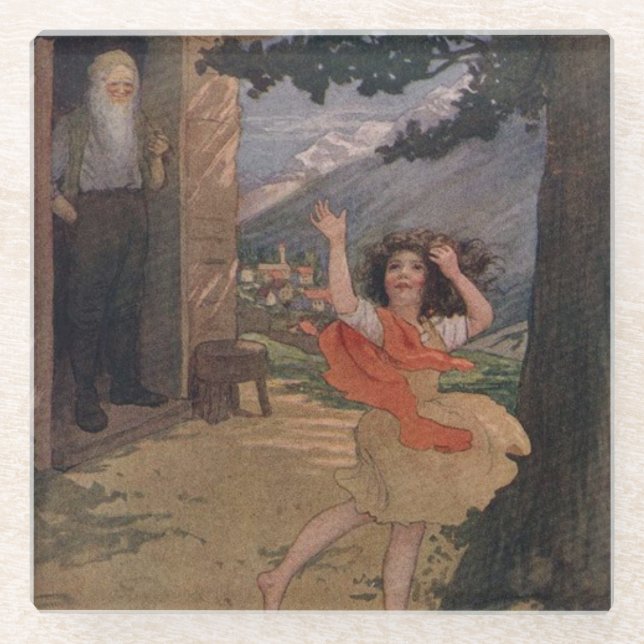 Vintage Johanna Spyri Heidi der Schweizer Alpen Glasuntersetzer (Vorderseite)