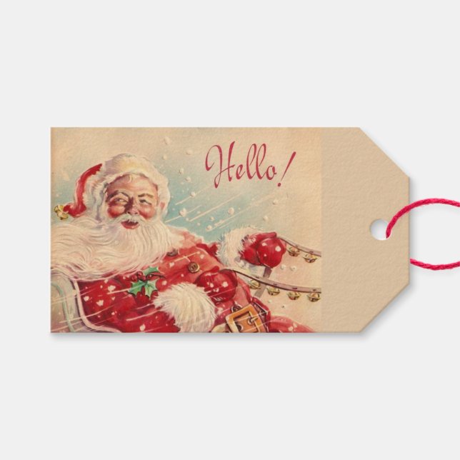 Vintage Jolly Santa Hello Geschenkanhänger (Vorderseite (Horizontal))