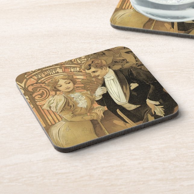Vintage Jugendstil-Flirt-Kekse, Alphonse Mucha Getränkeuntersetzer (Linke Seite)