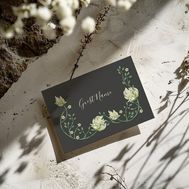 Vintage Jugendstil-Gastname Platzkarte (Art nouveau grey "guest name" place card with pretty white flowers and green leaves)