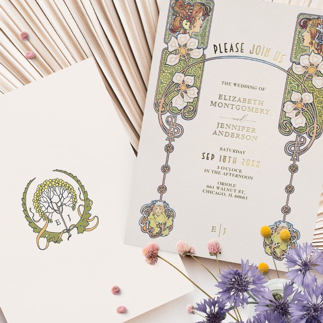 Vintage Jugendstil-Hochzeitsfeier Akzent Folieneinladung (Von Creator hochgeladen)