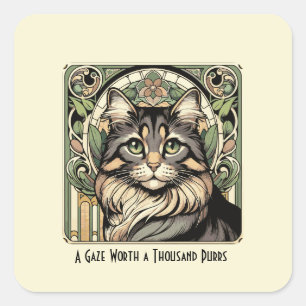 Vintage Jugendstil-Inspirierte Creme & Grüne Katze Quadratischer Aufkleber