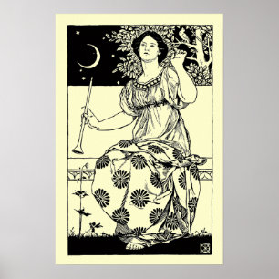 Vintage Jugendstilfrau mit Klarinette und Mond Poster