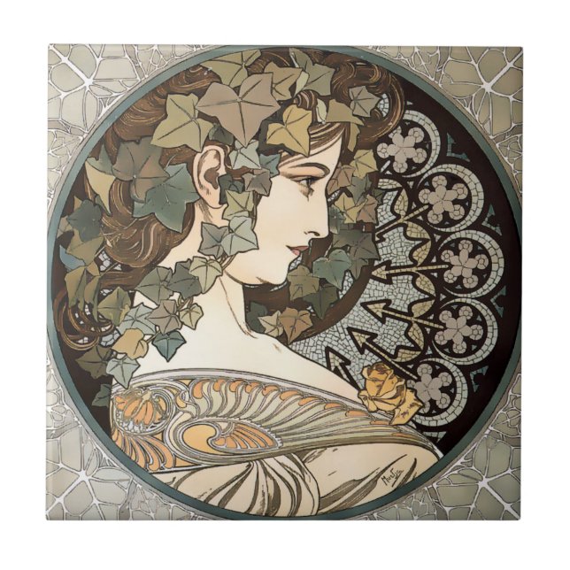 Vintage Jugendstilfrau von Alphonse Mucha Fliese (Vorderseite)