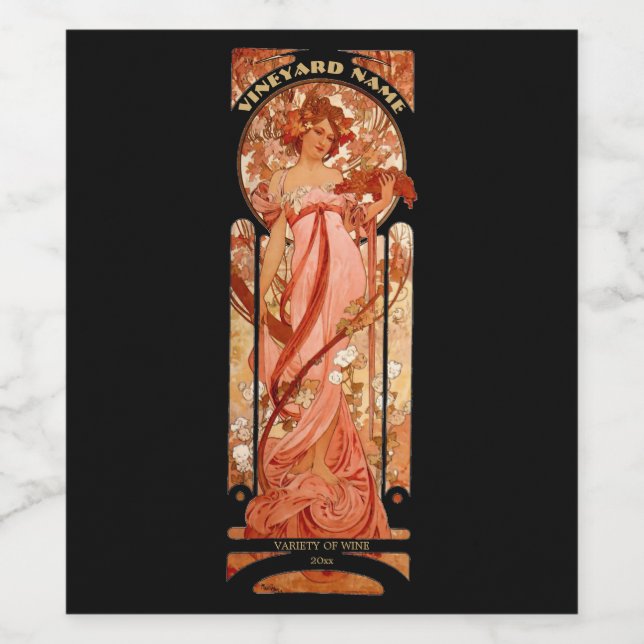 Vintage Jugendstilfrau von Alphonse Mucha Weinetikett (Einzelnes Label)