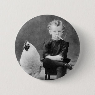 Vintage - Junge raucht mit Huhn Button