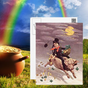 Vintage Junge reitet auf einem Schwein St. Patrick Postkarte