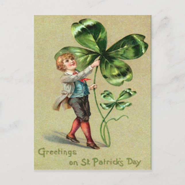 Vintage Jungen-vierblättriges Kleeblatt St Patrick Postkarte (Vorderseite)
