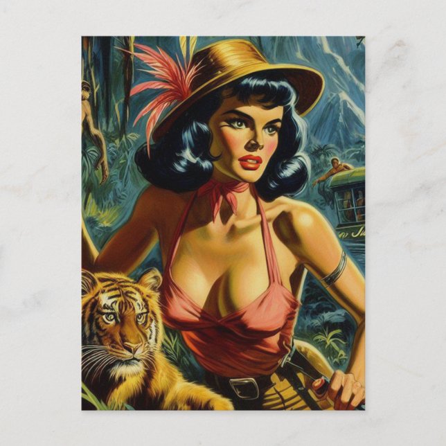 Vintage Jungle Pulp Girl Postkarte (Vorderseite)