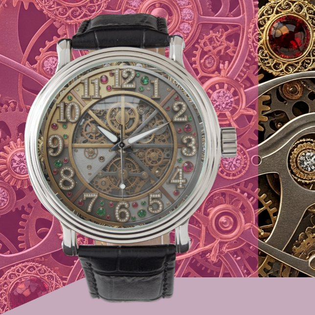 Vintage Juwelenuhr, Steampunk, Diamanten, Gold Armbanduhr (Industrial Steampunk Mechanical Jeweled Watch)