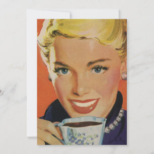 Vintage-Kaffee, glückliche Frau mit retro-Kaffeeta Einladung