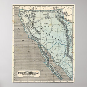 Vintage-Kalifornien 1845-Kartenposter Poster