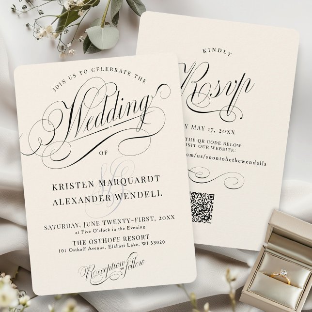 Vintage Kalligrafie-Skript Elegant Elfenbeinhochze Einladung (Elegant vintage ivory cream and black ornate swirl calligraphy script wedding invitation QR code)