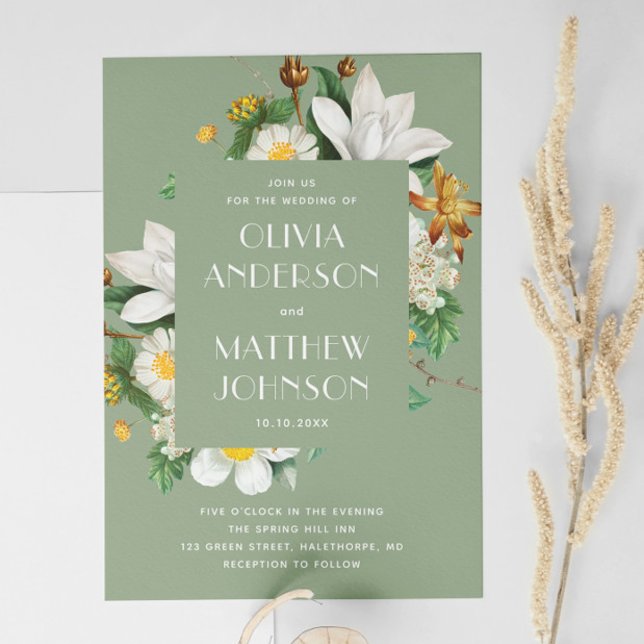 Vintage Kamelie. Grüne Blütenhochzeit QR Einladung (Von Creator hochgeladen)