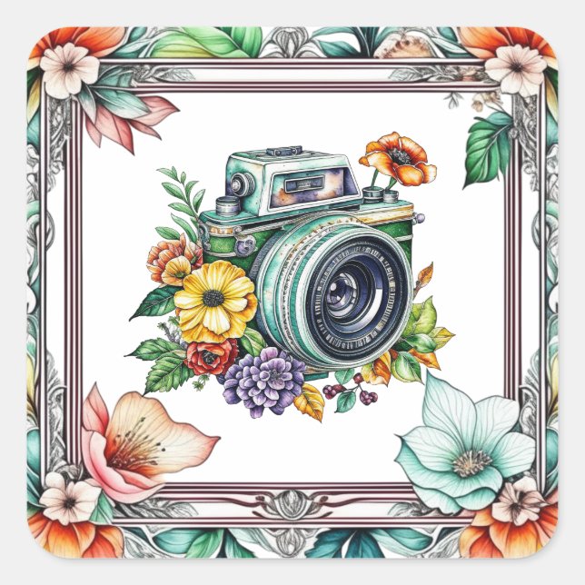 Vintage Kamera mit Hübschen Blume Aquarell Quadratischer Aufkleber (Vorderseite)