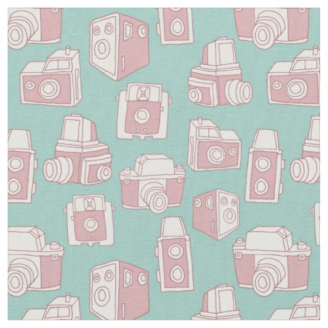 Vintage Kamera-Retro Muster (blau) Stoff (Nahaufnahme)