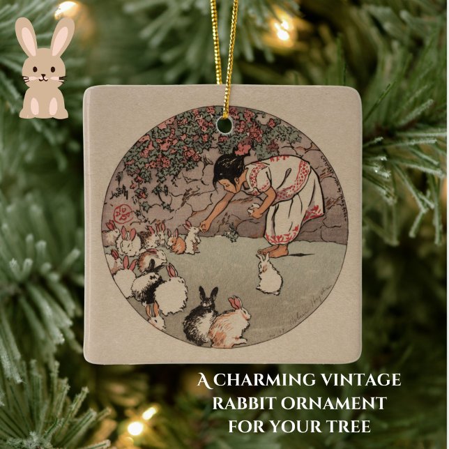 Vintage Kaninchenkunst Niedlicher Kern Keramikornament (Add cozy bunny charm to your Christmas tree with this vintage rabbit art ornament!)