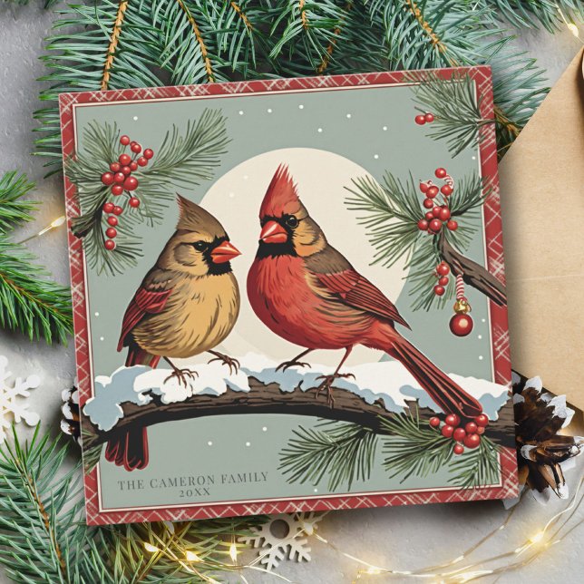 Vintage Kardinal Birds Familie Weihnachtskarte (Vintage Cardinal Birds Family Holly Christmas Card)