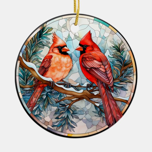 Vintage Kardinal Stain Glass Weihnachten Keramik Ornament (Vorne)