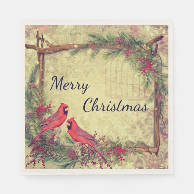 Vintage Kardinäle Weihnachten Serviette (Vorderseite)