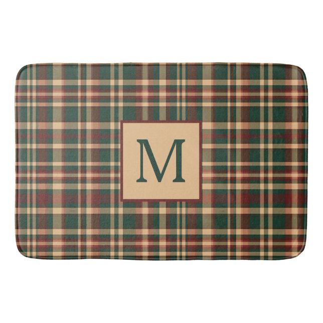 Vintage Karierte Monogramme in Rot und Grün Badematte (Vorderseite)