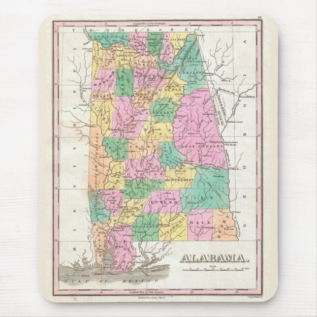 Vintage Karte Alabamas (1827) Mousepad (Vorne)