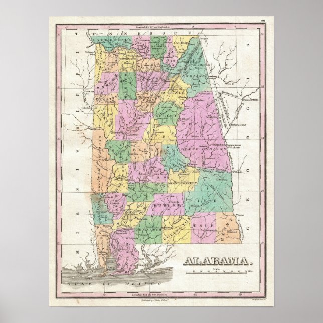 Vintage Karte Alabamas (1827) Poster (Vorne)