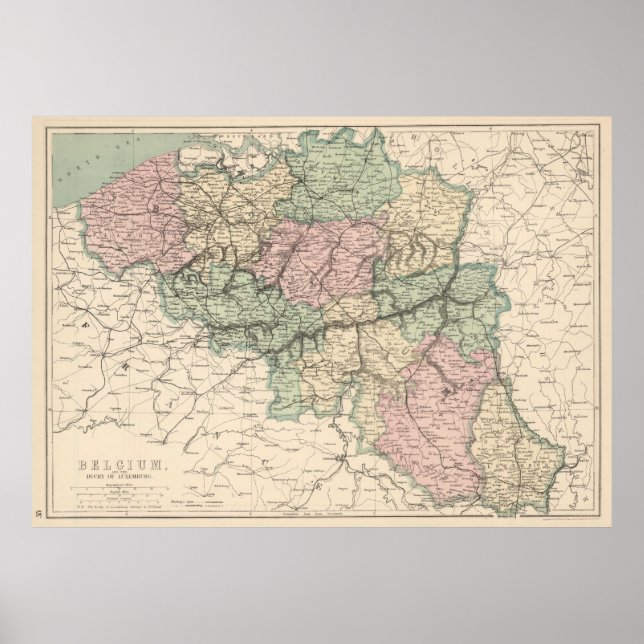 Vintage Karte Belgiens (1873) Poster (Vorne)