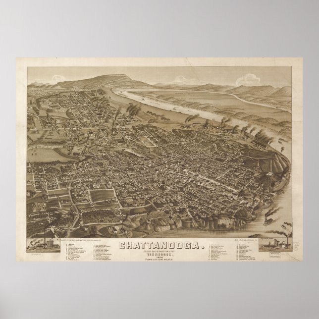Vintage Karte Chattanooga (1886) Poster (Vorne)